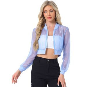 Bomber Jacket Long Sleeve Crop Mesh Sheer Jackets Light Blue